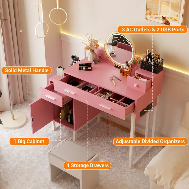 Coiffeuse avec station de charge, 4 tiroirs et armoire réversible – Rose / Noir / Blanc / Cyan, 1 personne