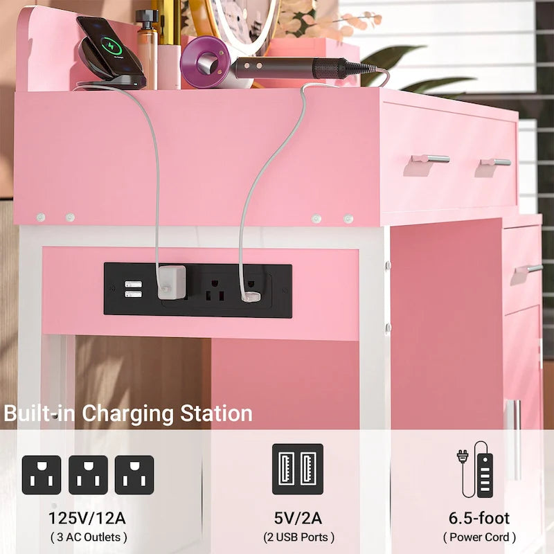 Coiffeuse avec station de charge, 4 tiroirs et armoire réversible – Rose / Noir / Blanc / Cyan, 1 personne