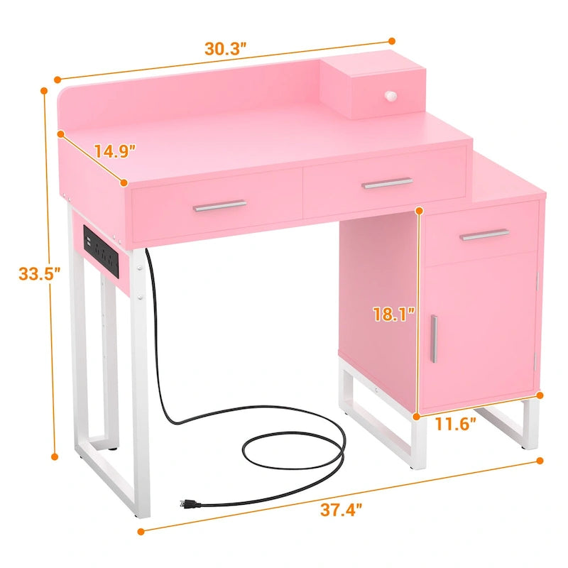 Coiffeuse avec station de charge, 4 tiroirs et armoire réversible – Rose / Noir / Blanc / Cyan, 1 personne