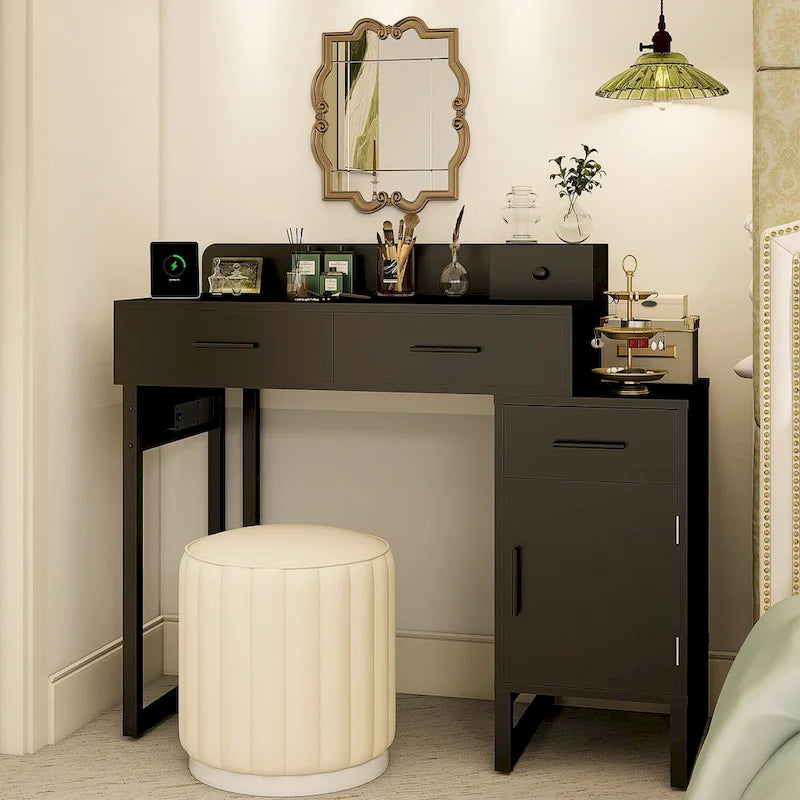 Coiffeuse avec station de charge, 4 tiroirs et armoire réversible – Rose / Noir / Blanc / Cyan, 1 personne