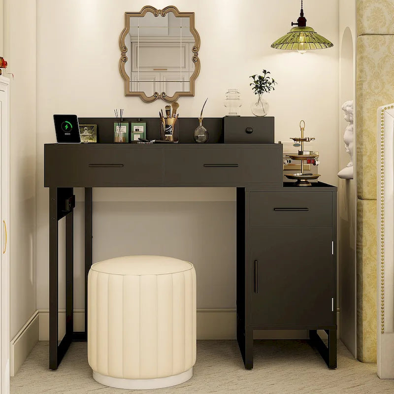 Coiffeuse avec station de charge, 4 tiroirs et armoire réversible – Rose / Noir / Blanc / Cyan, 1 personne