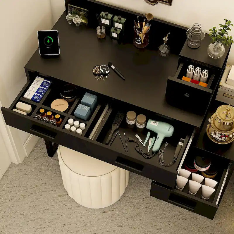 Coiffeuse avec station de charge, 4 tiroirs et armoire réversible – Rose / Noir / Blanc / Cyan, 1 personne