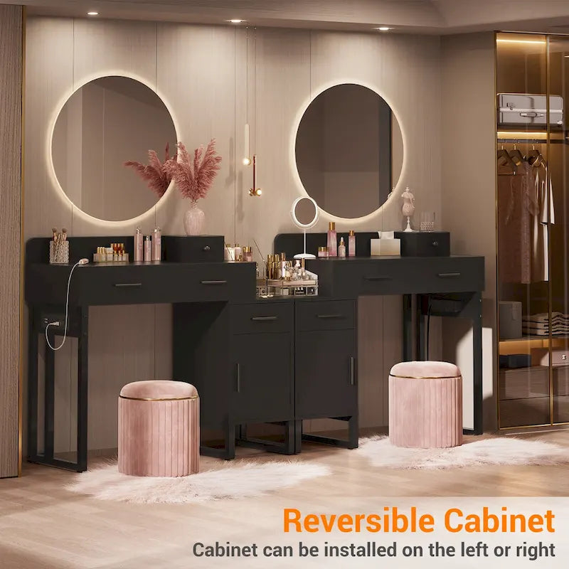 Coiffeuse avec station de charge, 4 tiroirs et armoire réversible – Rose / Noir / Blanc / Cyan, 1 personne
