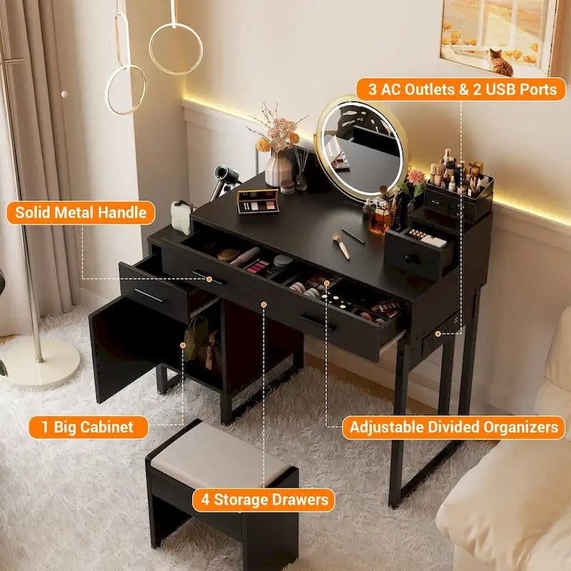 Coiffeuse avec station de charge, 4 tiroirs et armoire réversible – Rose / Noir / Blanc / Cyan, 1 personne