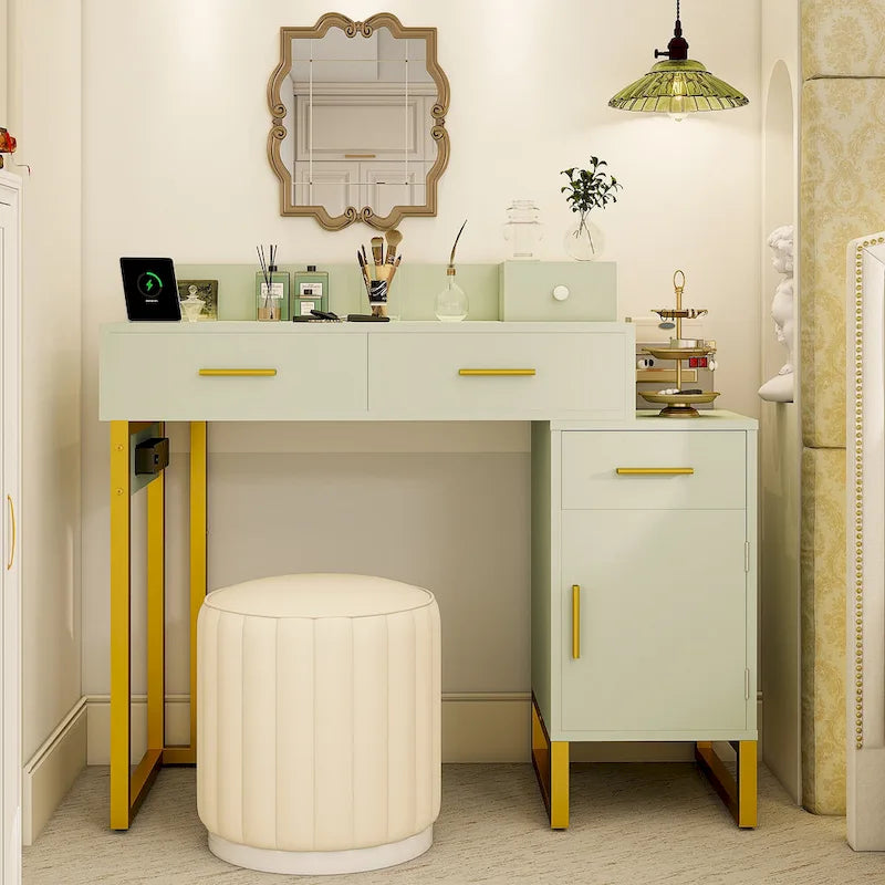Coiffeuse avec station de charge, 4 tiroirs et armoire réversible – Rose / Noir / Blanc / Cyan, 1 personne
