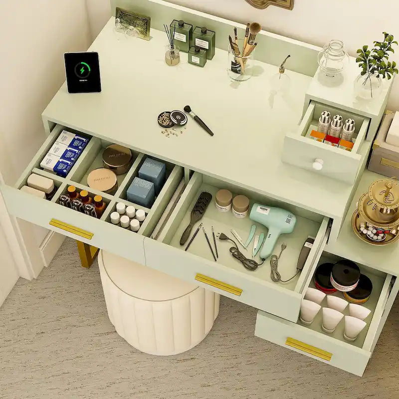 Coiffeuse avec station de charge, 4 tiroirs et armoire réversible – Rose / Noir / Blanc / Cyan, 1 personne
