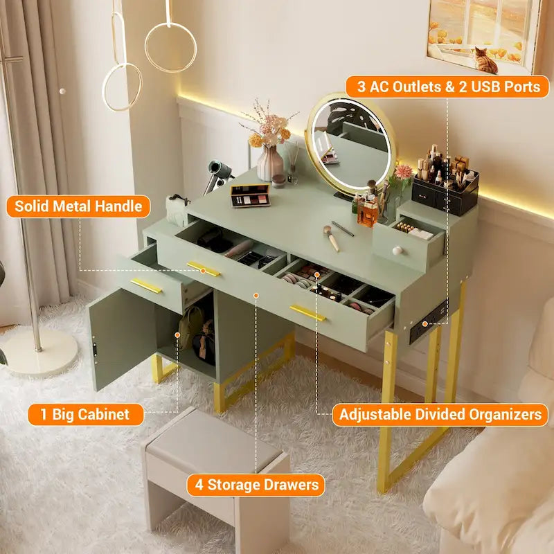 Coiffeuse avec station de charge, 4 tiroirs et armoire réversible – Rose / Noir / Blanc / Cyan, 1 personne