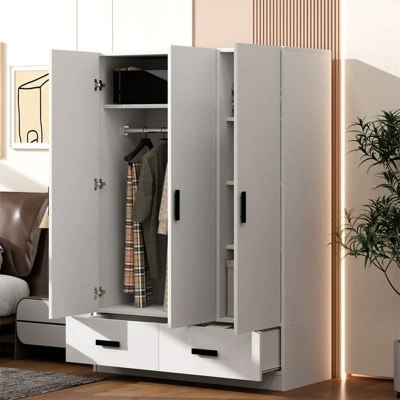 Armoire blanche 3 portes avec tringle à vêtements et 2 tiroirs, s'adapte à 2 sections