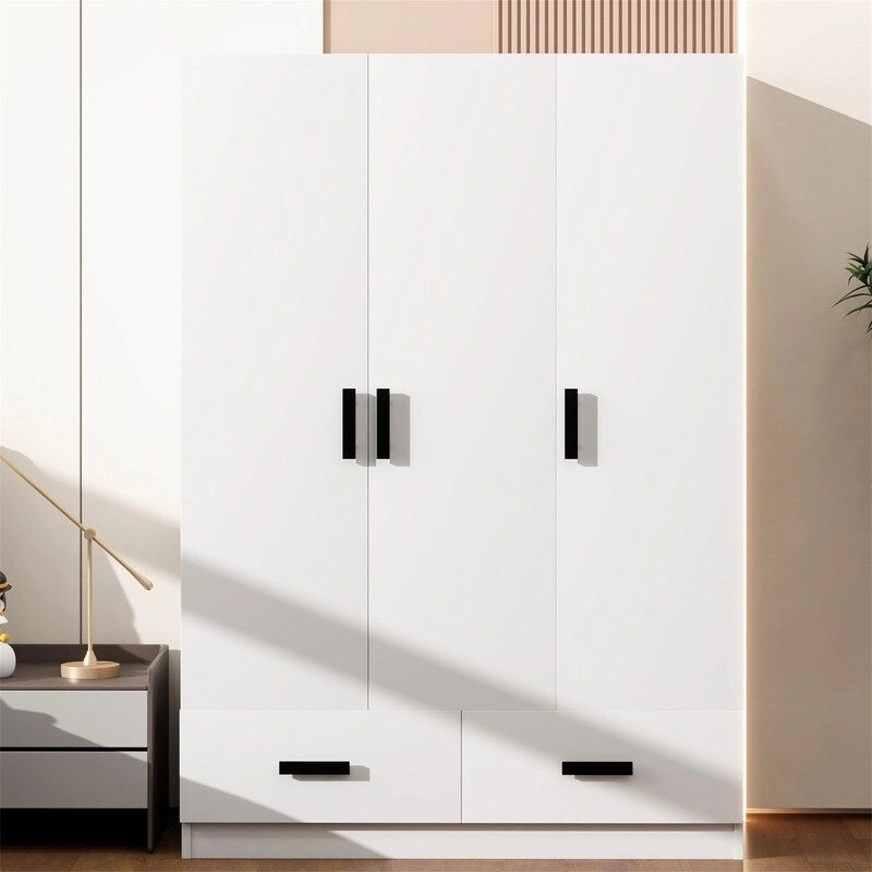 Armoire blanche 3 portes avec tringle à vêtements et 2 tiroirs, s'adapte à 2 sections