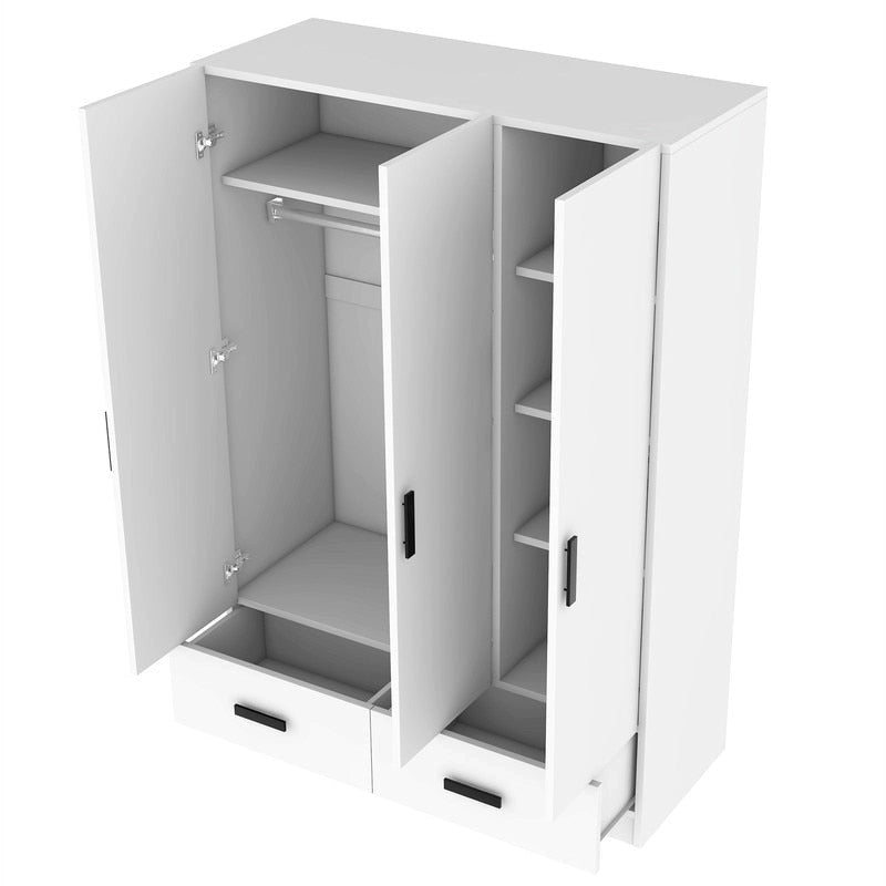 Armoire blanche 3 portes avec tringle à vêtements et 2 tiroirs, s'adapte à 2 sections