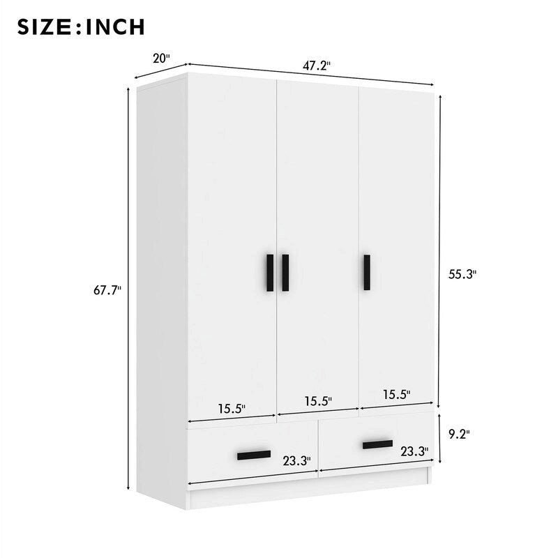 Armoire blanche 3 portes avec tringle à vêtements et 2 tiroirs, s'adapte à 2 sections