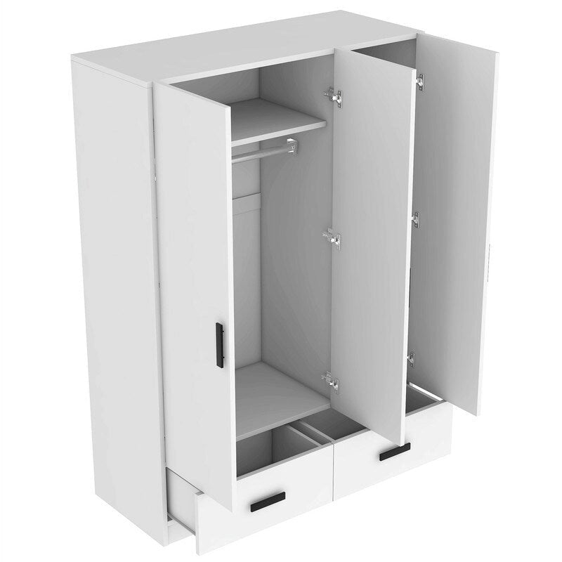 Armoire blanche 3 portes avec tringle à vêtements et 2 tiroirs, s'adapte à 2 sections