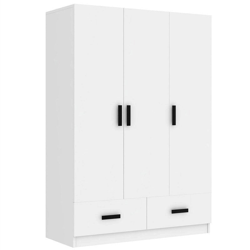Armoire blanche 3 portes avec tringle à vêtements et 2 tiroirs, s'adapte à 2 sections
