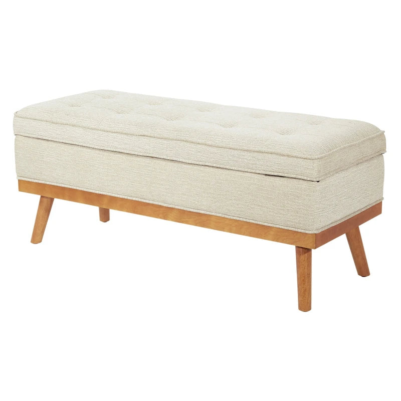 Banc de rangement capitonné blanc antique avec couvercle à charnière, 1 place