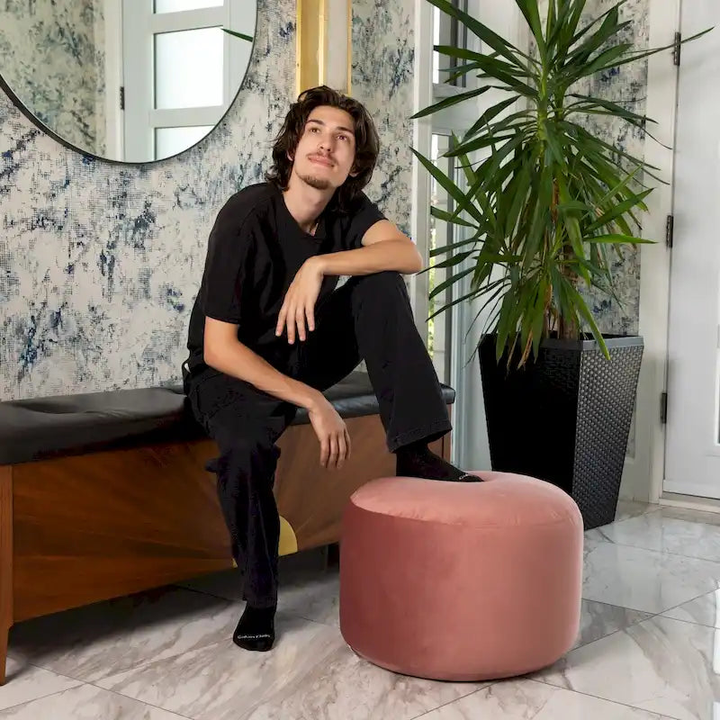 Pouf rond en velours – Rose / Turquoise / Blanc cassé / Vert forêt / Menthe / Moutarde / Brique / Bleu – 1 place