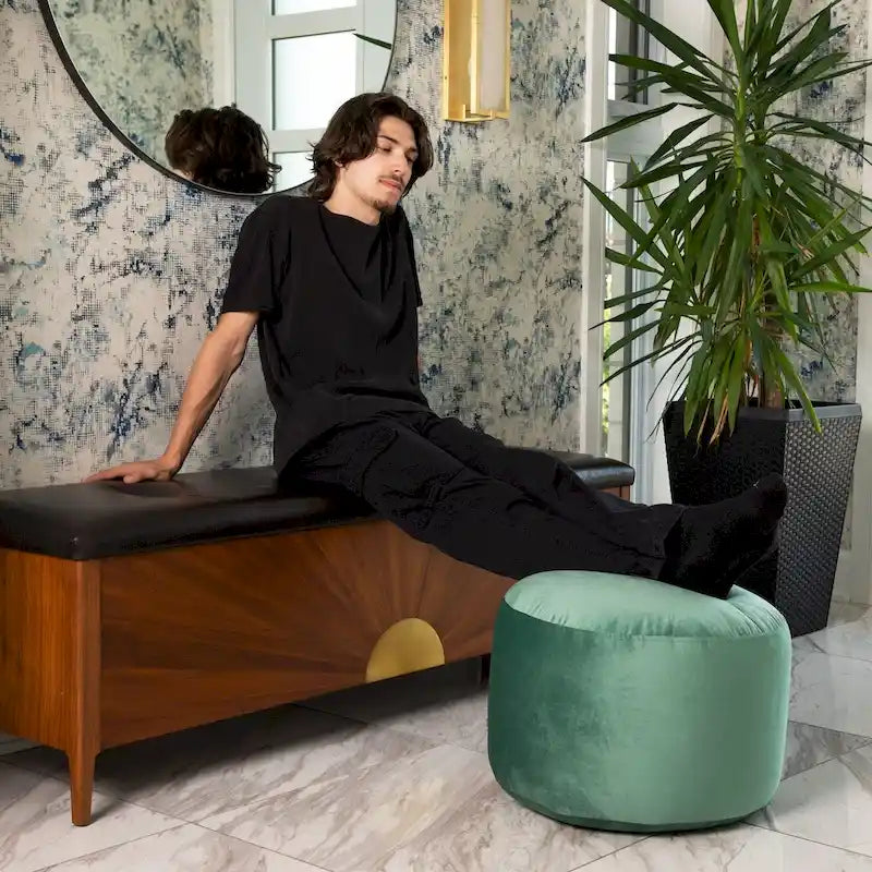 Pouf rond en velours – Rose / Turquoise / Blanc cassé / Vert forêt / Menthe / Moutarde / Brique / Bleu – 1 place