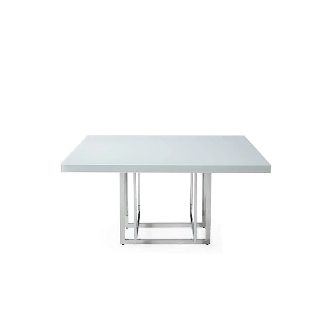 Table de salle à manger carrée laquée blanche avec piètement métallique, argent/or, 4 places