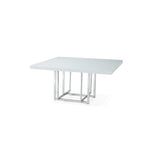 Table de salle à manger carrée laquée blanche avec piètement métallique, argent/or, 4 places