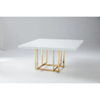 Table de salle à manger carrée laquée blanche avec piètement métallique, argent/or, 4 places