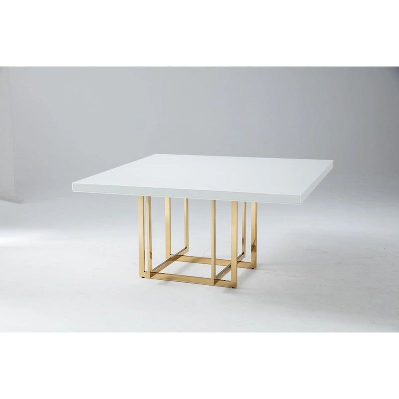 Table de salle à manger carrée laquée blanche avec piètement métallique, argent/or, 4 places