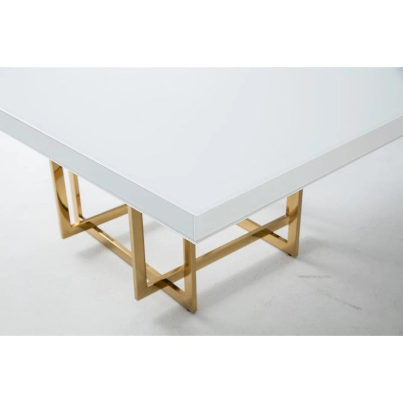 Table de salle à manger carrée laquée blanche avec piètement métallique, argent/or, 4 places
