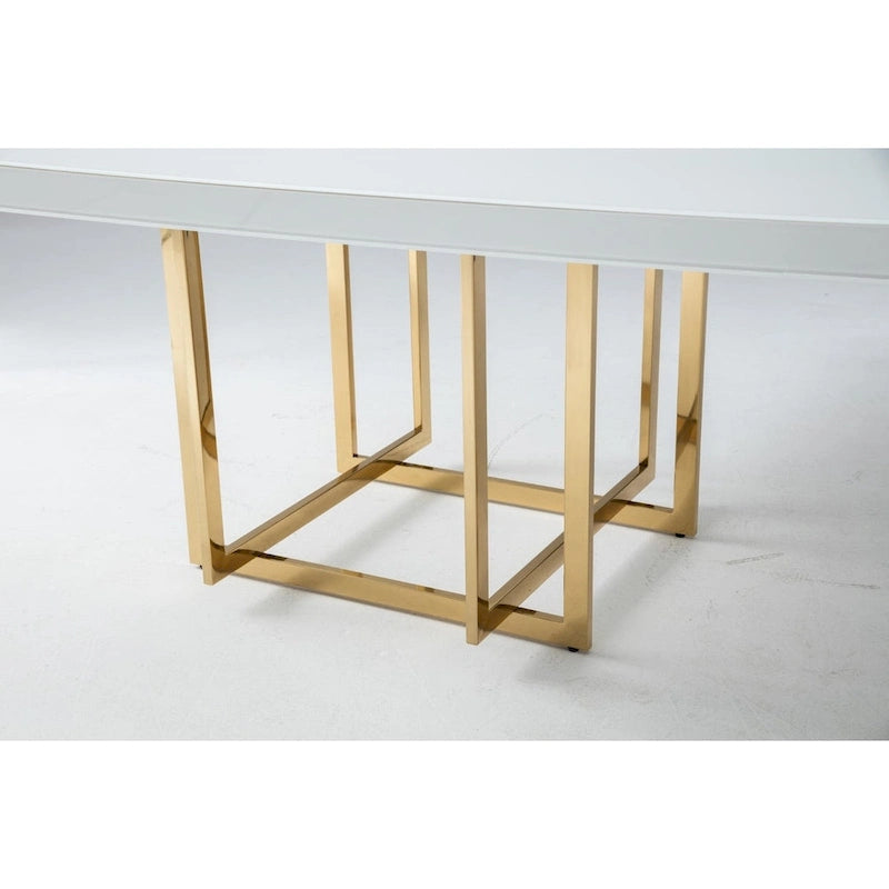 Table de salle à manger carrée laquée blanche avec piètement métallique, argent/or, 4 places