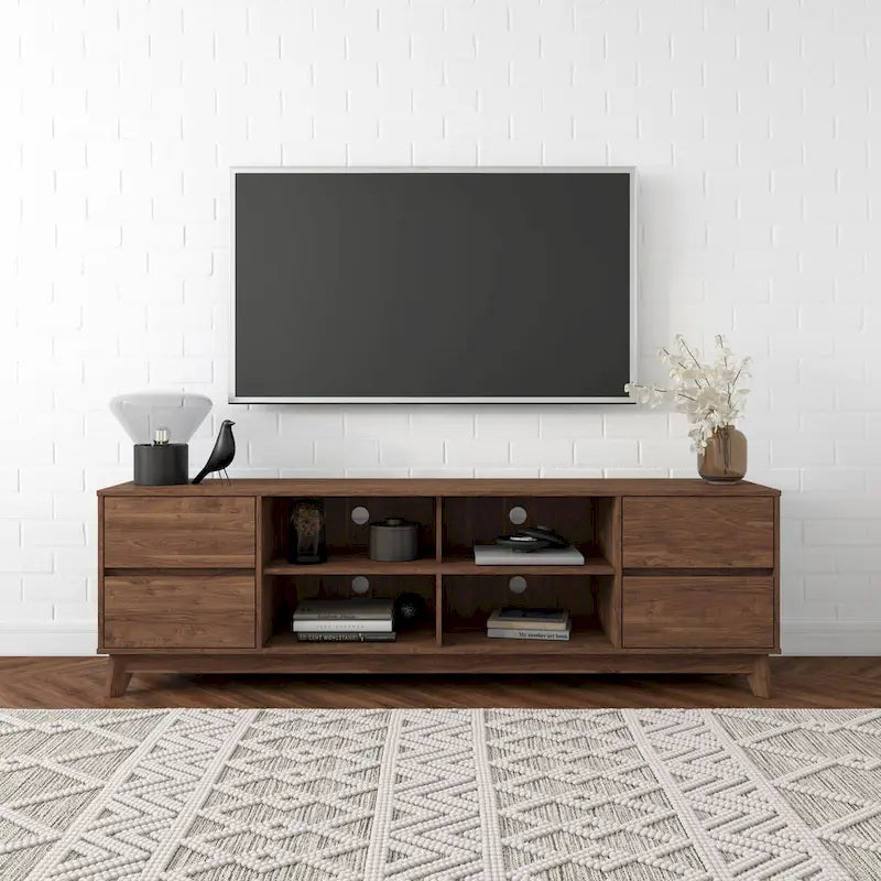 Meuble TV mi-siècle avec 4 tiroirs et étagères ouvertes, gris/marron, convient aux téléviseurs jusqu'à 85"
