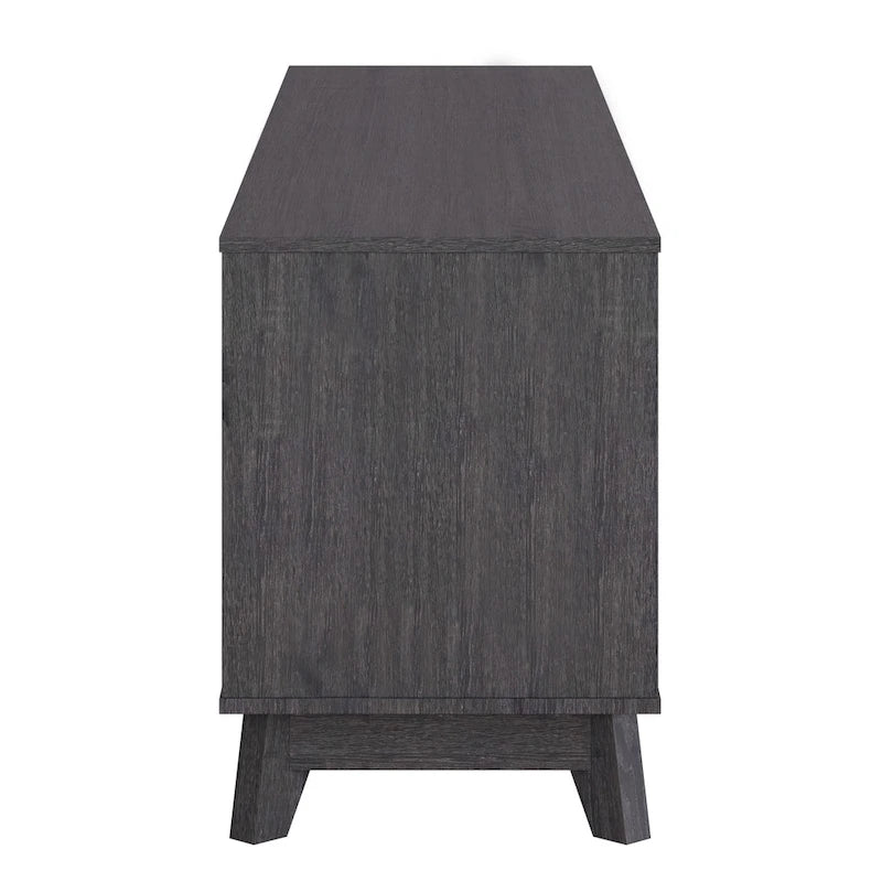 Meuble TV mi-siècle avec 4 tiroirs et étagères ouvertes, gris/marron, convient aux téléviseurs jusqu'à 85"