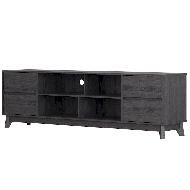 Meuble TV mi-siècle avec 4 tiroirs et étagères ouvertes, gris/marron, convient aux téléviseurs jusqu'à 85"