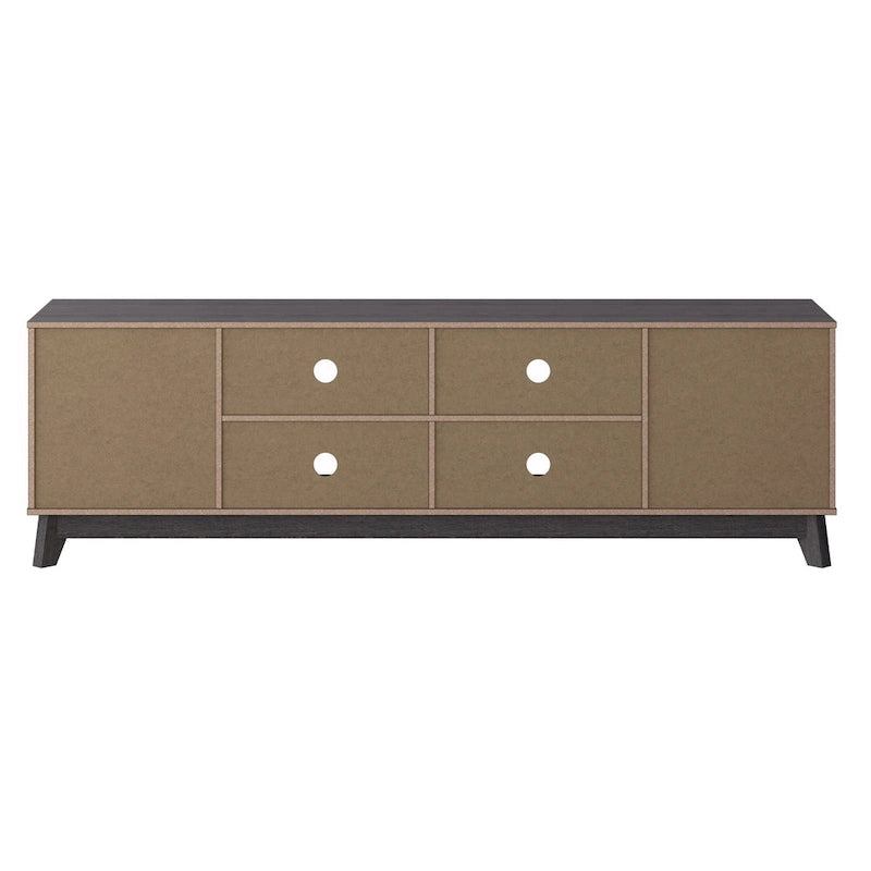 Meuble TV mi-siècle avec 4 tiroirs et étagères ouvertes, gris/marron, convient aux téléviseurs jusqu'à 85"