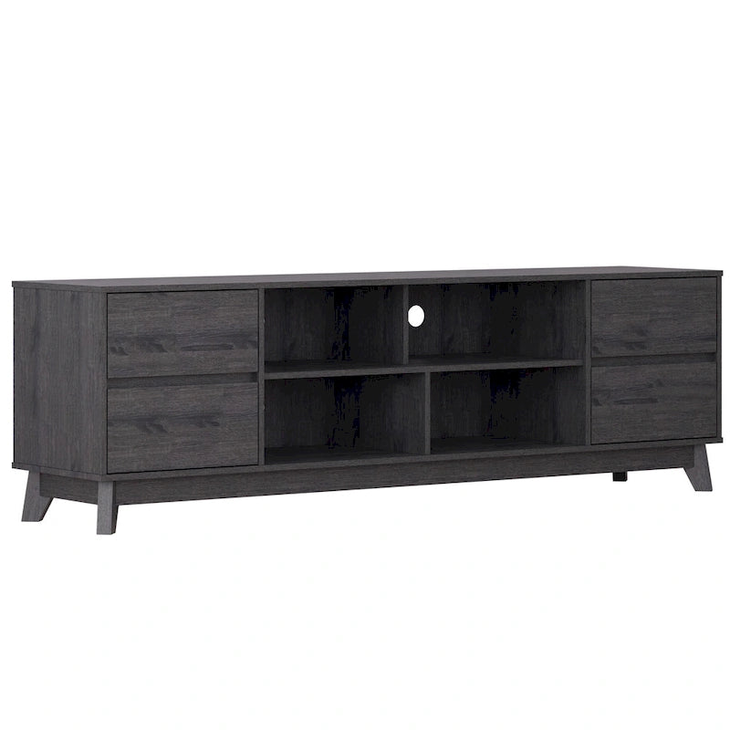 Meuble TV mi-siècle avec 4 tiroirs et étagères ouvertes, gris/marron, convient aux téléviseurs jusqu'à 85"