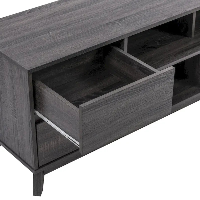 Meuble TV mi-siècle avec 4 tiroirs et étagères ouvertes, gris/marron, convient aux téléviseurs jusqu'à 85"