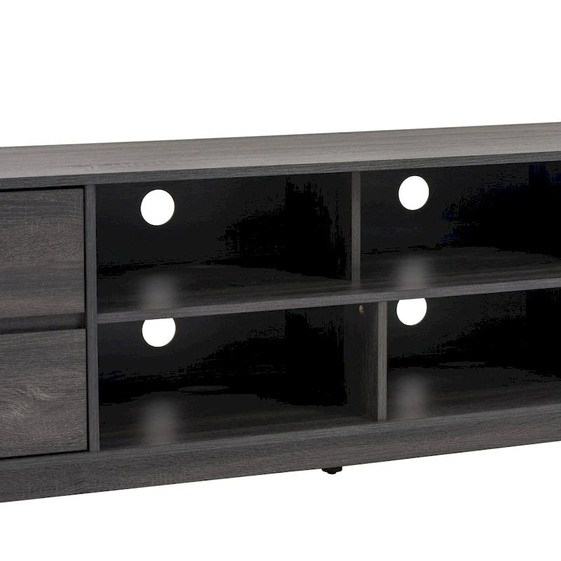 Meuble TV mi-siècle avec 4 tiroirs et étagères ouvertes, gris/marron, convient aux téléviseurs jusqu'à 85"
