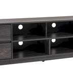 Meuble TV mi-siècle avec 4 tiroirs et étagères ouvertes, gris/marron, convient aux téléviseurs jusqu'à 85"