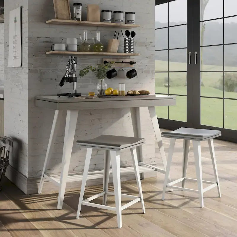 Ensemble de salle à manger 3 pièces hauteur comptoir avec piètement tréteau en acier – Gris antique / Chêne foncé / Vert antique, 2 places