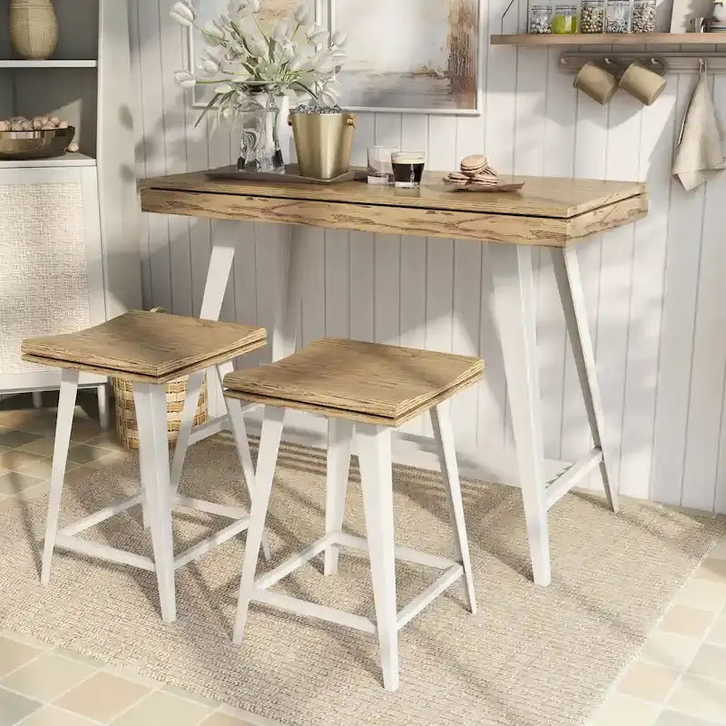 Ensemble de salle à manger 3 pièces hauteur comptoir avec piètement tréteau en acier – Gris antique / Chêne foncé / Vert antique, 2 places