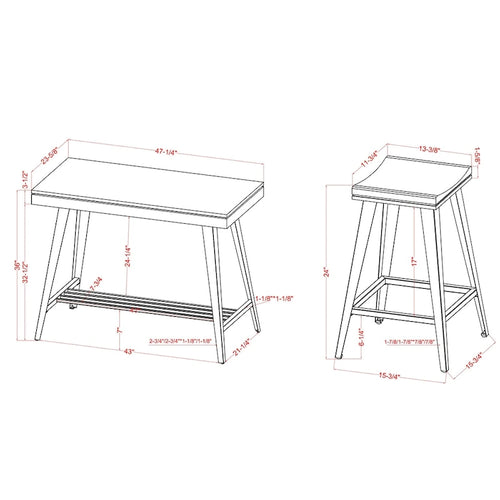 Ensemble de salle à manger 3 pièces hauteur comptoir avec piètement tréteau en acier – Gris antique / Chêne foncé / Vert antique, 2 places