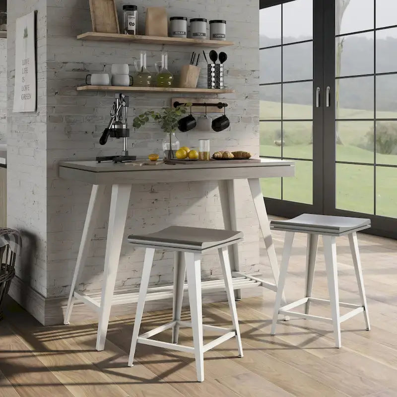 Ensemble de salle à manger 3 pièces hauteur comptoir avec piètement tréteau en acier – Gris antique / Chêne foncé / Vert antique, 2 places