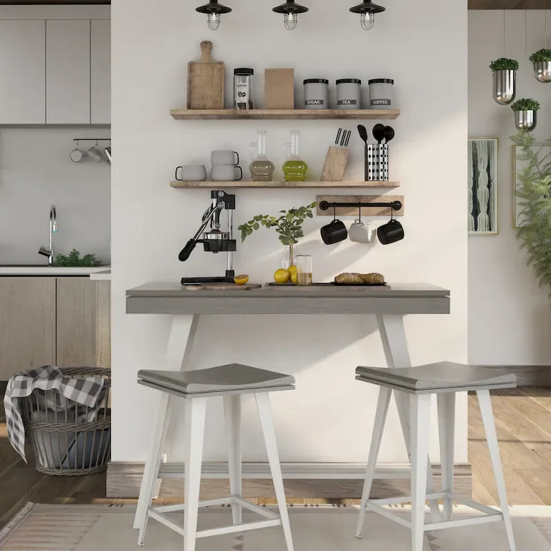 Ensemble de salle à manger 3 pièces hauteur comptoir avec piètement tréteau en acier – Gris antique / Chêne foncé / Vert antique, 2 places