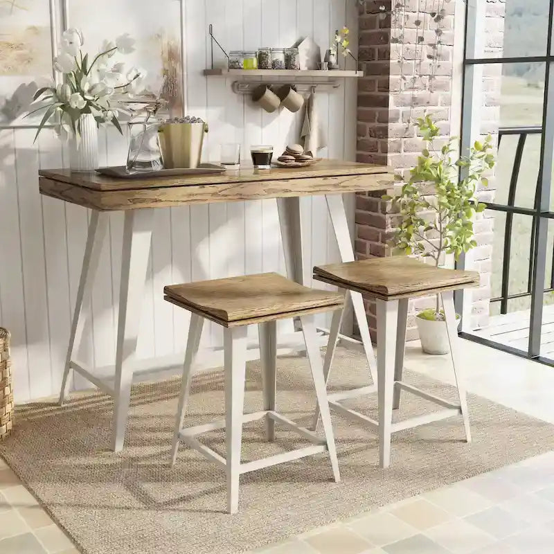 Ensemble de salle à manger 3 pièces hauteur comptoir avec piètement tréteau en acier – Gris antique / Chêne foncé / Vert antique, 2 places