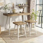 Ensemble de salle à manger 3 pièces hauteur comptoir avec piètement tréteau en acier – Gris antique / Chêne foncé / Vert antique, 2 places