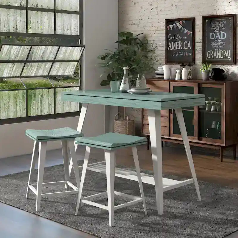 Ensemble de salle à manger 3 pièces hauteur comptoir avec piètement tréteau en acier – Gris antique / Chêne foncé / Vert antique, 2 places