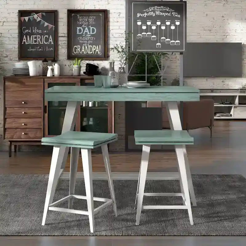 Ensemble de salle à manger 3 pièces hauteur comptoir avec piètement tréteau en acier – Gris antique / Chêne foncé / Vert antique, 2 places