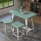 Ensemble de salle à manger 3 pièces hauteur comptoir avec piètement tréteau en acier – Gris antique / Chêne foncé / Vert antique, 2 places