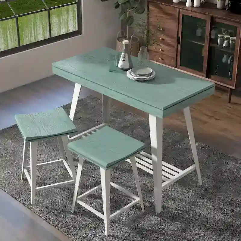 Ensemble de salle à manger 3 pièces hauteur comptoir avec piètement tréteau en acier – Gris antique / Chêne foncé / Vert antique, 2 places