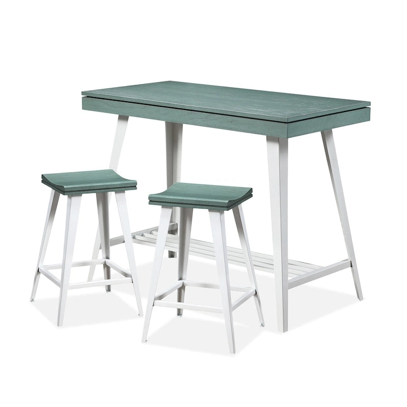 Ensemble de salle à manger 3 pièces hauteur comptoir avec piètement tréteau en acier – Gris antique / Chêne foncé / Vert antique, 2 places