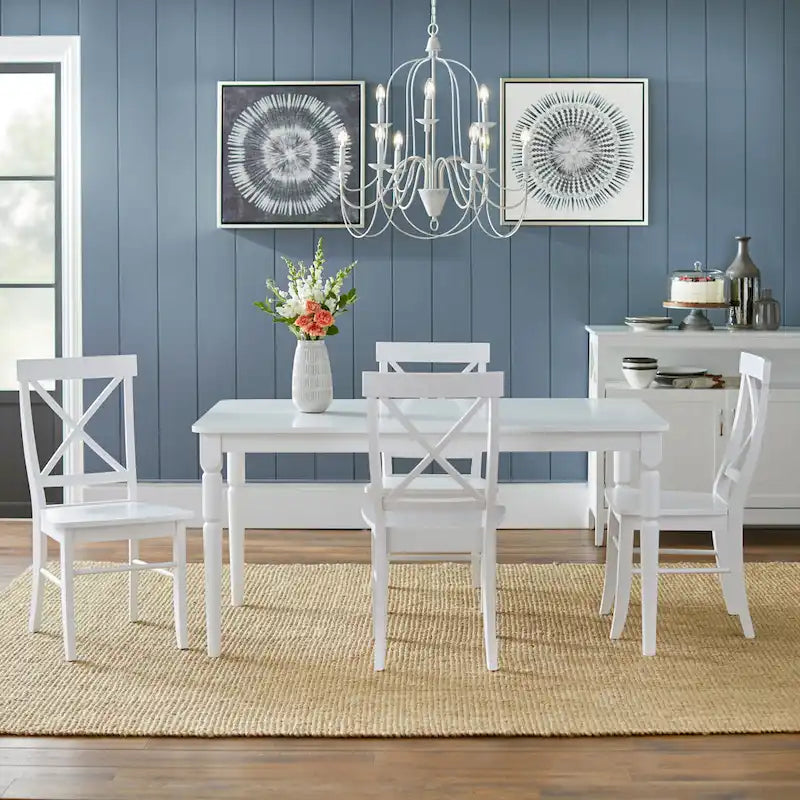 Ensemble de salle à manger 5 pièces, table blanche avec chaises à dossier en X, 4 places