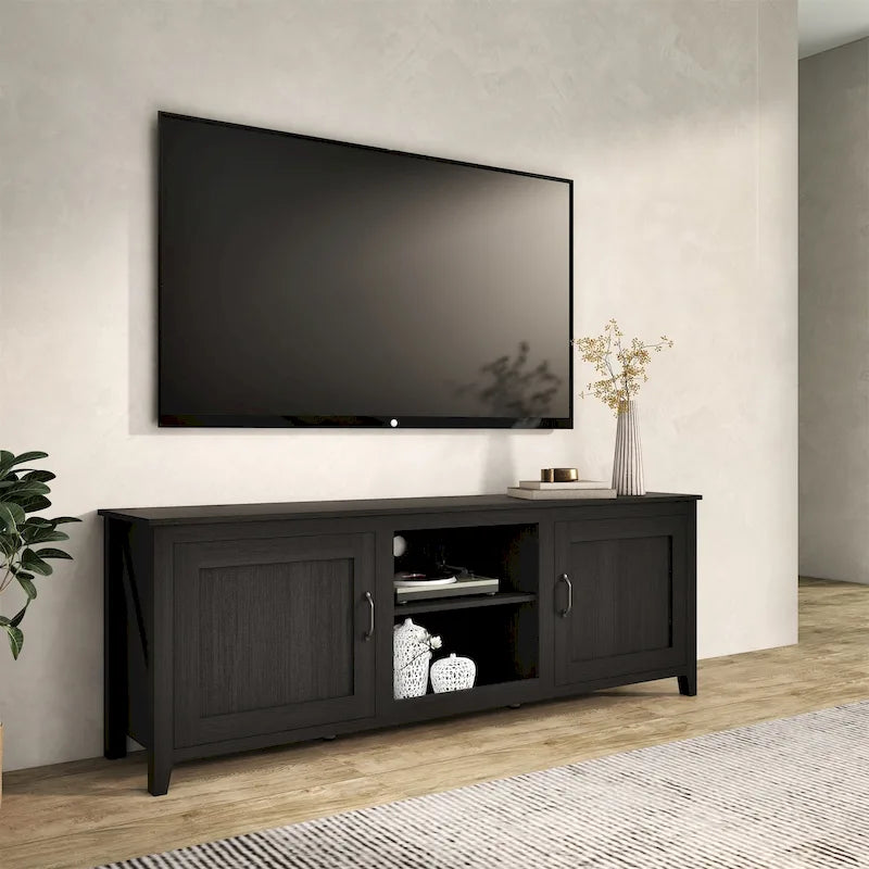 Meuble TV industriel noir avec rangement, compatible avec les téléviseurs jusqu'à 60 po.