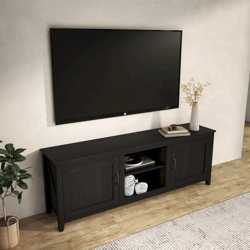Meuble TV industriel noir avec rangement, compatible avec les téléviseurs jusqu'à 60 po.