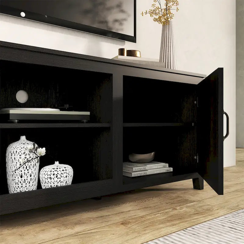 Meuble TV industriel noir avec rangement, compatible avec les téléviseurs jusqu'à 60 po.